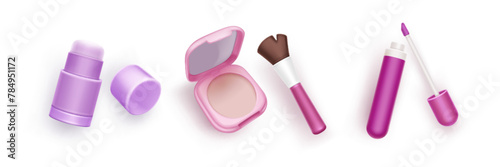 Makeup products set isolated on white background. Vector realistic illustration of 3d lipstick, powder box with mirror and brush, lip gloss bottle, deodorant, beauty cosmetics, skin care collection