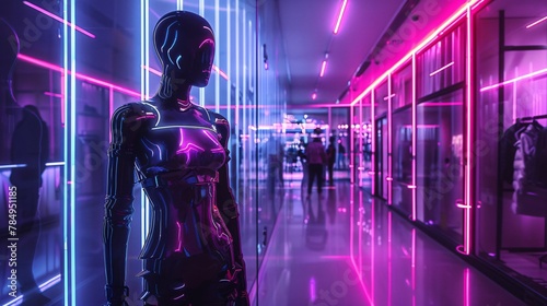 Futuristic mannequin in high tech apparel neon lights sleek mall interior