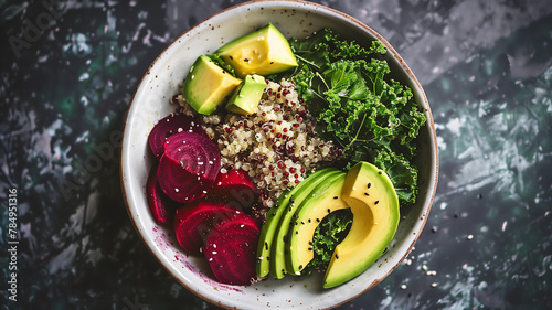 Salad with Kale, Beets, Quinoa, and Avocado