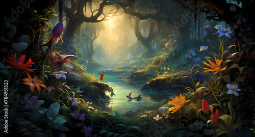 A lush rainforest scene with exotic birds and flowers
