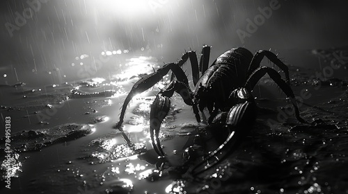 Scorpion lurking in the shadows of a moonlit night, its silhouette casting long shadows on the ground.