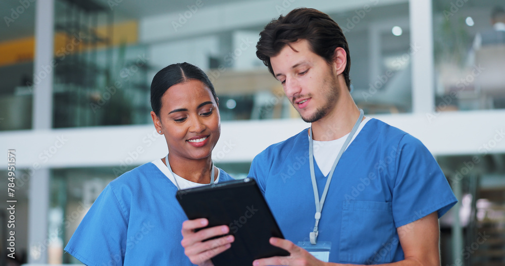 Nurses, medical people and man with tablet in meeting for research, planning and support for solution in hospital. Healthcare staff, collaboration or workers with tech, talking or results in clinic - obrazy, fototapety, plakaty 