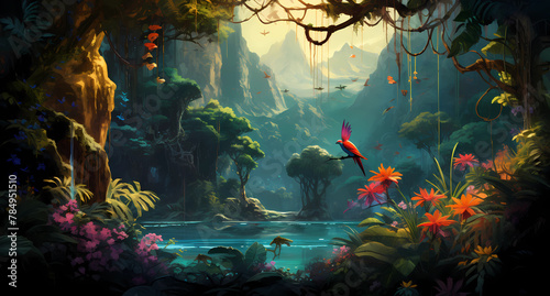 A lush rainforest scene with exotic birds and flowers