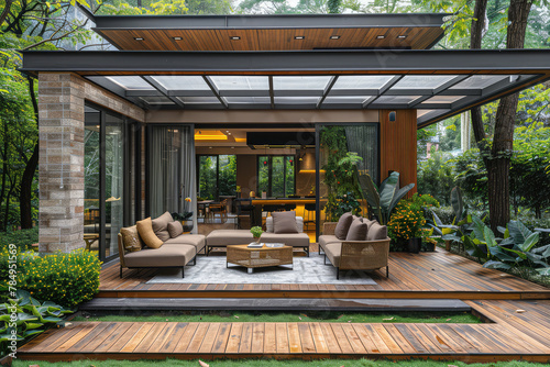 A cozy outdoor living area with wood flooring and seating areas around fire pits and water features, surrounded by lush greenery. Created with Ai