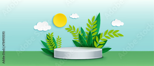 Cylinder product podium with paper cut green leaf and blue sky with clouds and yellow sun. Realistic 3d vector illustration of display platform mockup with cardboard plant foliage. Showcase template.