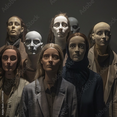 Group of mannequins arranged in a lifelike tableau soft focus candid style photography