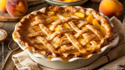 Casserole dish of peach cobbler with a lattice crust topping photo