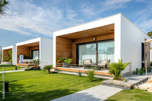 modern minimalist house in Portugal, white walls with wood accents and a green grass lawn, courtyard with chairs and an umbrella sitting in the style of green grass © Kien
