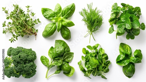 A variety of fresh herbs laid out on a white background, symbolizing organic cooking.