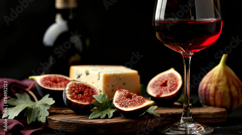  Elegant glass of red wine with figs and cheese on a rustic wooden board.