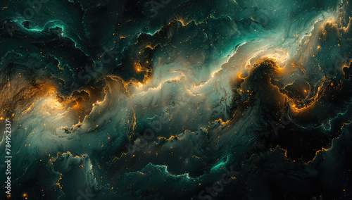A dark teal and black swirling pattern with golden veins. Created with Ai