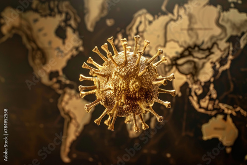  Pandemic Threat - Golden Virus Model Over World Map Signifying Global Health Crisis