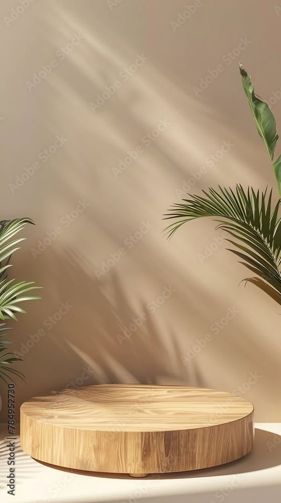 Beautiful round wooden empty podium with space for a product, light brown background, for product stage, skincare product Beautiful round wooden empty podium with space for a product, light brown background, for product stage, skincare product