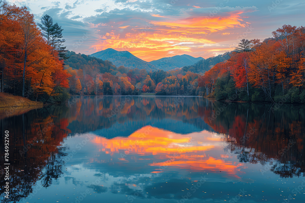 A breathtaking autumn sunset over the mountains, reflecting in an alpine lake surrounded by colorful foliage and rocks on its shore. Created with Ai