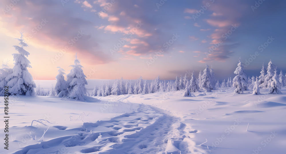 A snowy landscape with a cloudy sky