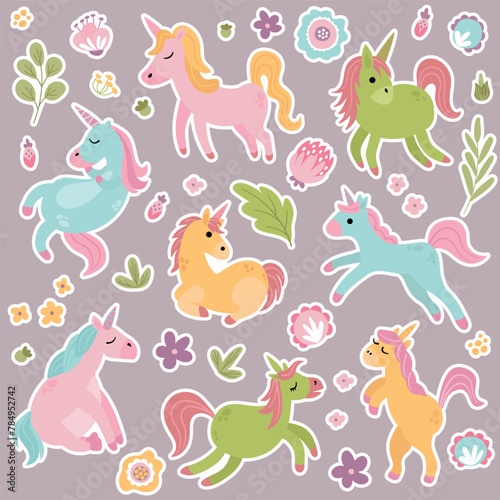 A set of stickers of magical unicorns and flowers.   © Helga KOV
