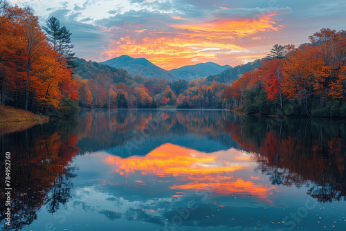 A breathtaking autumn sunset over the mountains  reflecting in an alpine lake surrounded by colorful foliage and rocks on its shore. Created with Ai