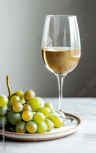 Glass of white wine paired with a cluster of green grapes on a plate.