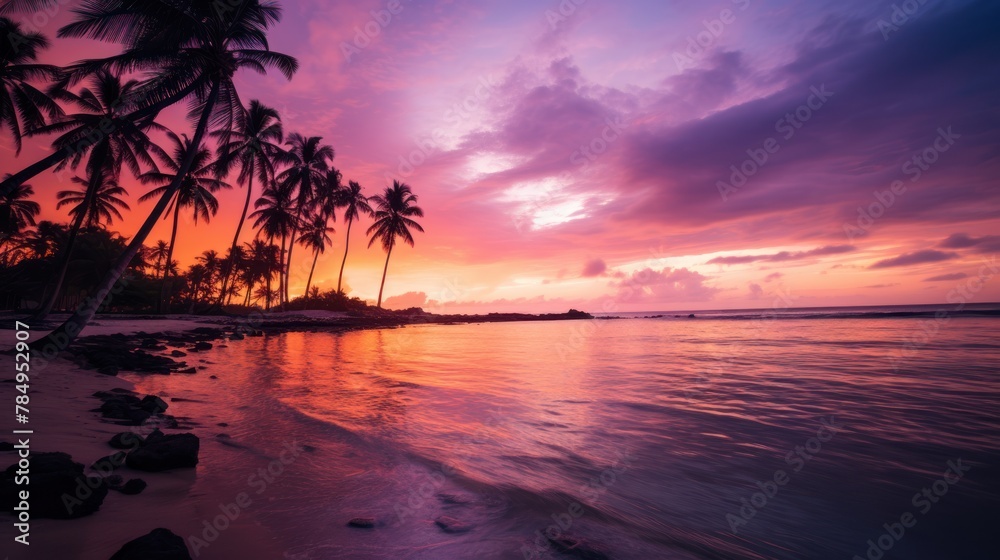 sunset over a tranquil beach, with palm trees silhouetted against the colorful sky