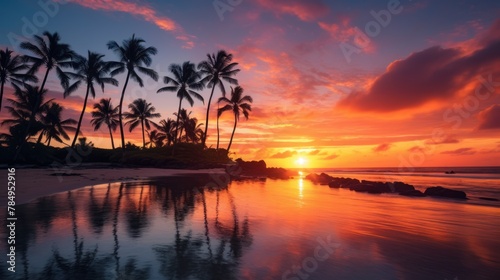 sunset over a tranquil beach  with palm trees silhouetted against the colorful sky
