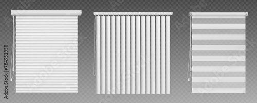Venetian window blind. Isolated jalousie vector. Shade curtain for home and office. 3d realistic closed vertical louver design illustration. Various sunshade control with standard panel and strings