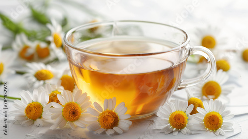 Herbal chamomile tea in a clear glass cup, surrounded by flowers.