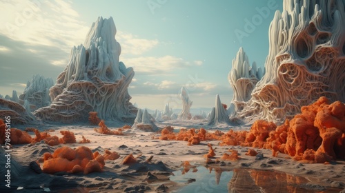 surreal landscape of alien worlds, with bizarre rock formations, colorful atmospheres, #784953165