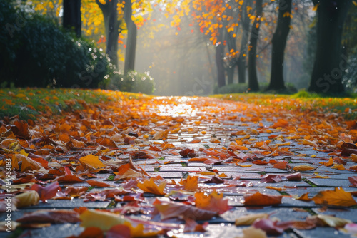 Sunlit Park Path Covered in Autumn Leaves  