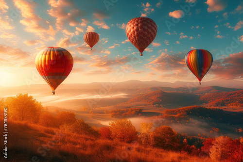 Magical Hot Air Balloons Over Autumn Fields with Falling Leaves