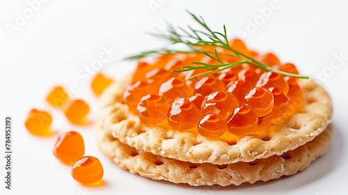 Salmon roe on a cracker with dill, perfect for culinary elegance and gourmet food.