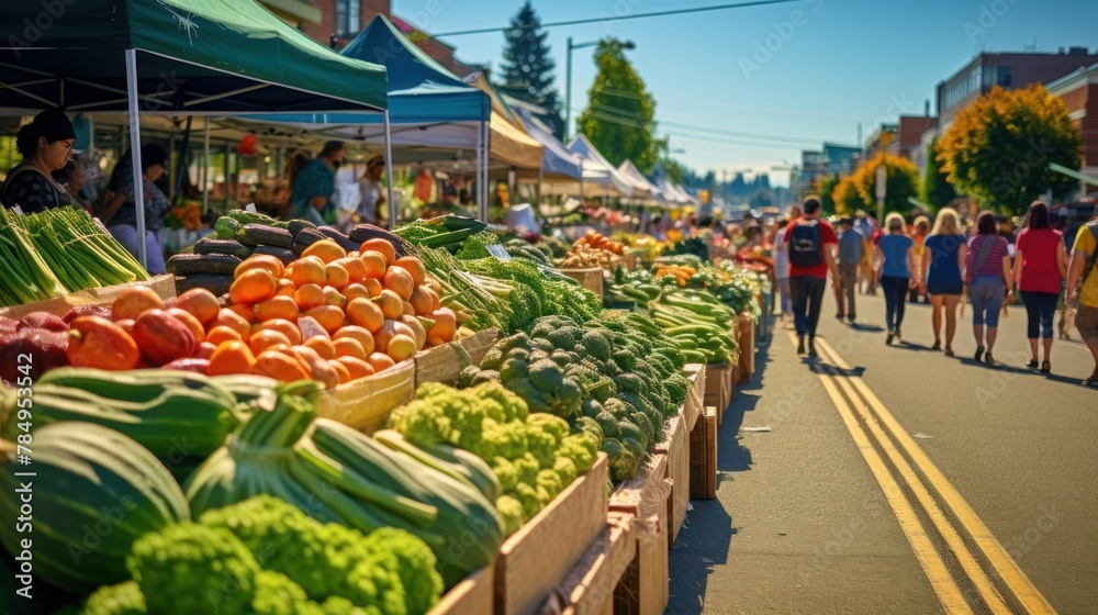 farmer's market bustling with activity, showcasing fresh produce and organic goods.