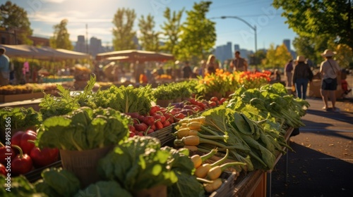 farmer's market bustling with activity, showcasing fresh produce and organic goods.