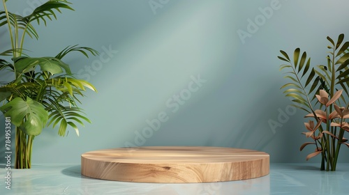 Beautiful round wooden empty podium with space for a product, ligth blue background, for product stage, skincare product photo