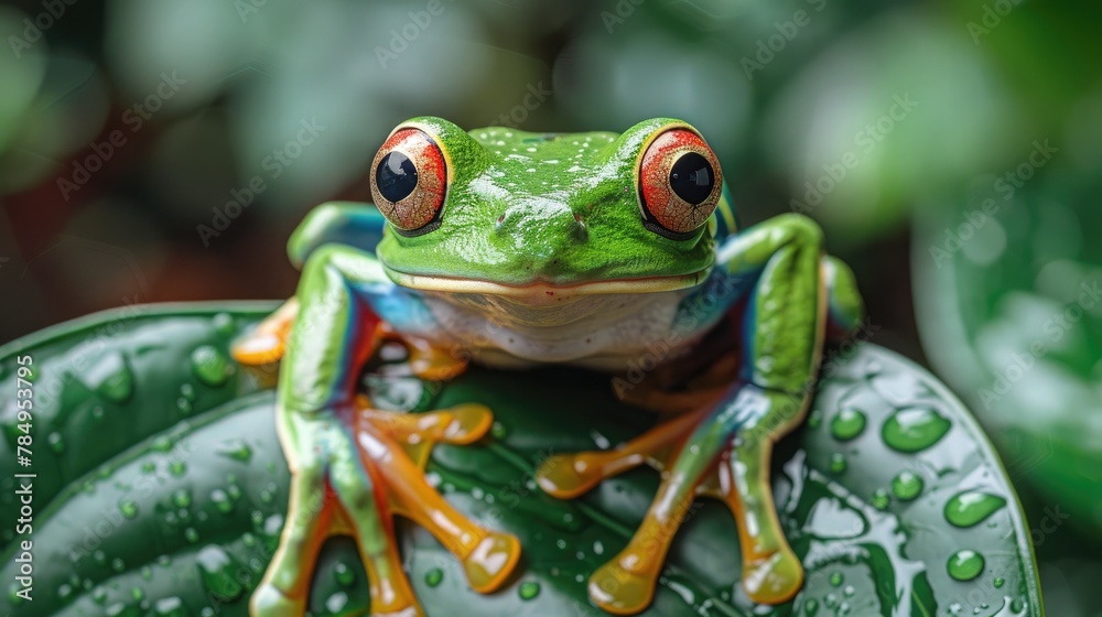Fototapeta premium Close-up of a vibrant tree frog clinging to a rainforest leaf, its colorful markings standing out against the green foliage.
