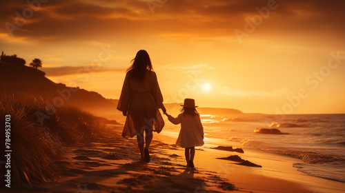 Mother walking with her child along a beach park at sunset