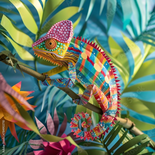 Multicolored chameleon crafted from paper artfully posed among 3D foliage
