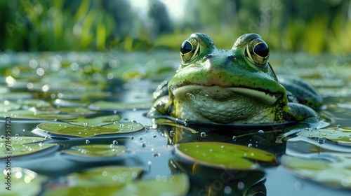 Frog croaking loudly from the edge of a tranquil pond, its call echoing through the stillness of the night. © pengedarseni