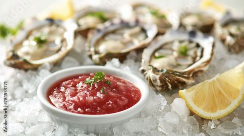 Fresh oysters on ice with lemon and cocktail sauce, a delicacy from the sea. photo