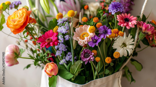 Fresh mixed flowers in a bag on white, perfect for springtime or gardening concepts.