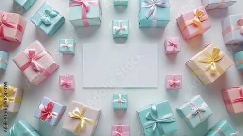 Assorted pastel-colored gift boxes arranged around a blank white space for text.