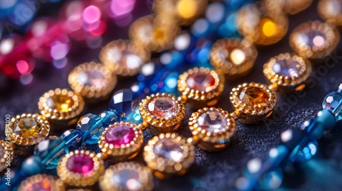 Close-up of assorted colorful rhinestone buttons against a dark background.