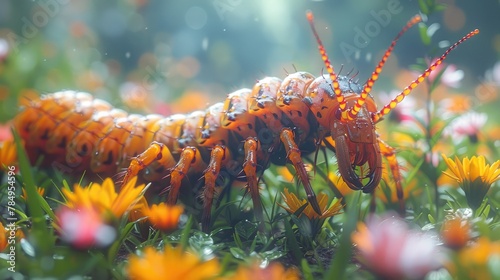 Centipede burrowing into the soft soil of a flowerbed  disappearing from sight as it searches for shelter and sustenance.