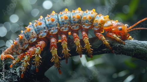 Centipede traversing the branches of a dense jungle canopy, its flexible body enabling it to navigate the treetops with ease.
