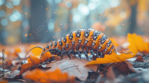 Close-up of a centipede crawling along the forest floor, its numerous legs navigating through fallen leaves and twigs. photo