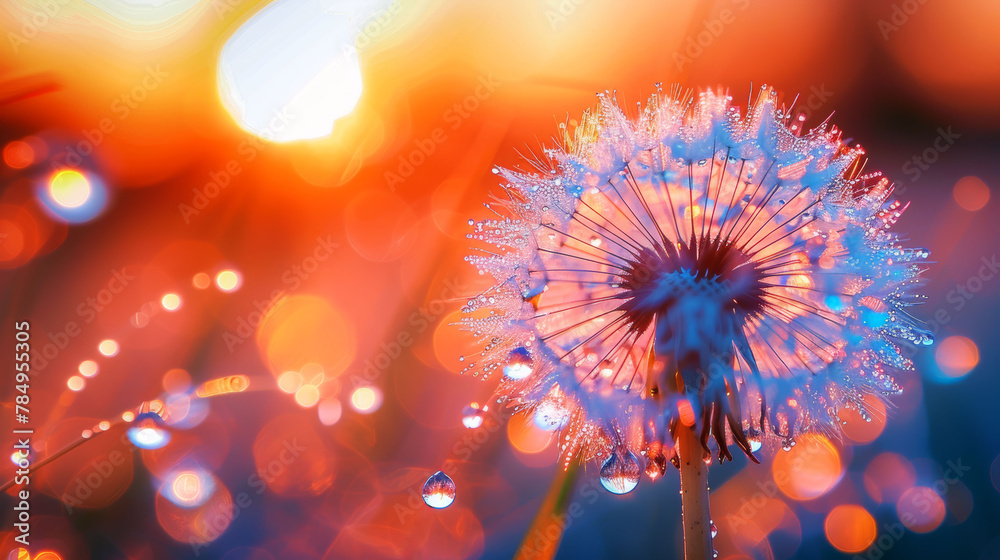 Dandelion seed head against a sunset, with water droplets and light creating a magical bokeh effect.