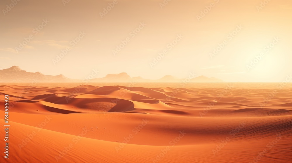 An awe-inspiring desert landscape with sand dunes stretching to the horizon, bathed in the warm glow of the setting sun.
