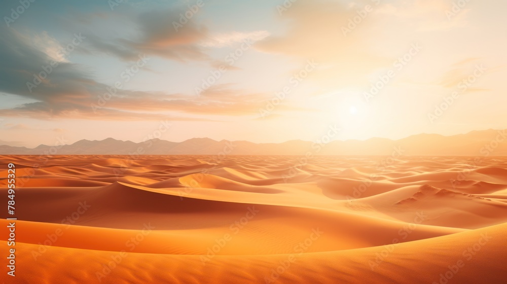 An awe-inspiring desert landscape with sand dunes stretching to the horizon, bathed in the warm glow of the setting sun.