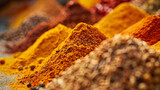 Mounds of vibrant, exotic spices in rich colors, symbolizing variety and culinary richness.