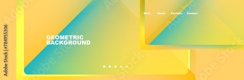 A vibrant geometric art background featuring a gradient of colorfulness with yellow and electric blue shades. Shapes include rectangles, triangles, and circles, creating a visually appealing pattern © antishock
