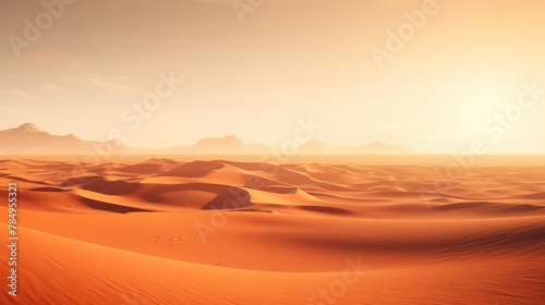 An awe-inspiring desert landscape with sand dunes stretching to the horizon, bathed in the warm glow of the setting sun. © CStock